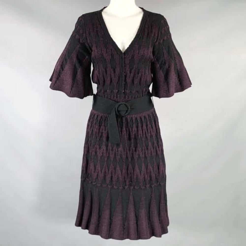 3.1 PHILLIP LIM Warm Purple & Black Knit Belted Knee Length Dress